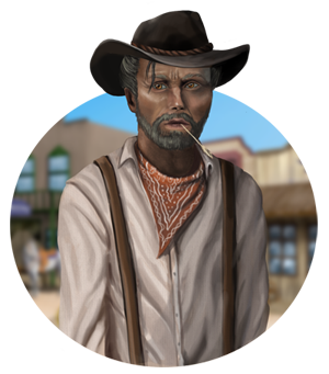 Joe: "Joe, a friendly cowboy in western attire, standing inside the Buffaloo Saloon."