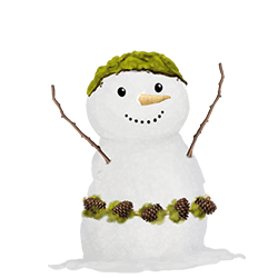 Handmade snowman with moss hat and pine cone belt – "A handmade snowman with a moss hat and a pine cone belt, providing a bonus to dressage and jumping."